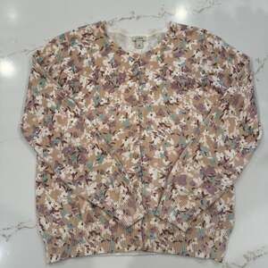 L.L.Bean Women’s Floral Button Front Cardigan Sweater Cotton Beige Multi Size La